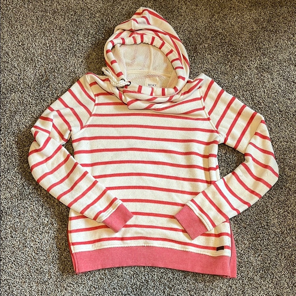 Roxy Women's Large Striped Pink and Cream Hoodie